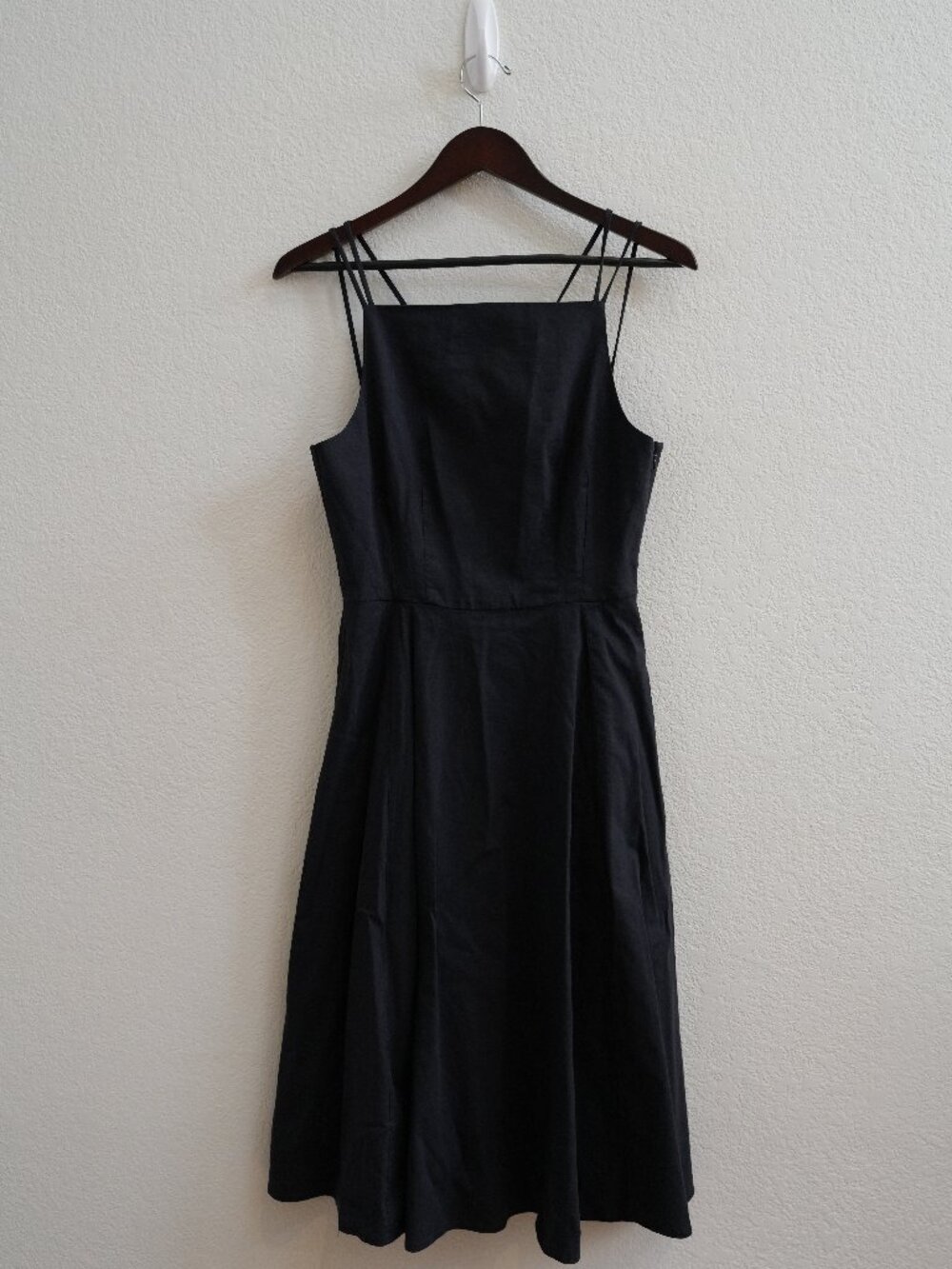 Theory Square Neck Volume Dress Womens 8 Black Linen Blend Strappy Midi Flare